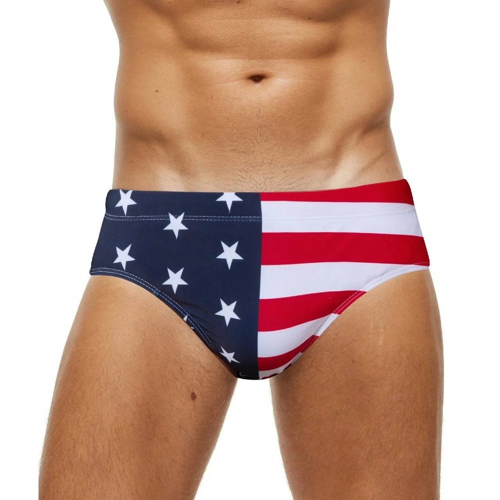 Mens American Flag Swim Briefs Stars and Stripes Padded Pouch Red White Blue S
